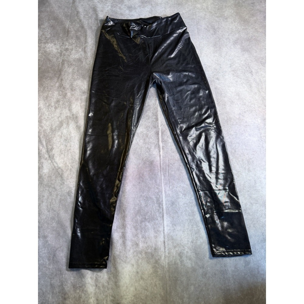 Shiny Black Faux Leather Leggings - High Waisted Wet Look Pants, Size M (approx)